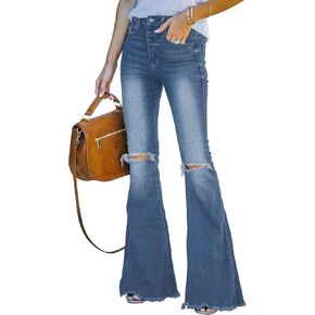 Metietila Women's Flare Bell Bottom Jeans Ripped Raw Hem Flared Legs Stretch Denim Pants in Kuwait