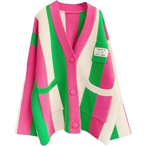 ebossy Women's Boho Long Sleeve Striped Knit Cardigan Sweater Loose Fit Button Color Block Slouchy Sweaters