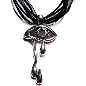 Crying Eye Necklace - Silvertone Mystic Seeing Eye Pendant on Black Mesh & Cord 16-18" Gothic Choker