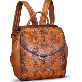 FEIGITOR Genuine Leather Backpack for Women Purse Retro Embossed Leather Handmade Knapsack Back Bag Casual Daypack (Green)