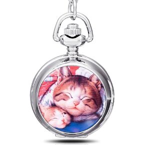 Lazy Cat Kitty Kitten Pendant with Mirror Small Quartz Pocket Watch Silver Long Necklace with Gift Bag for Kids…