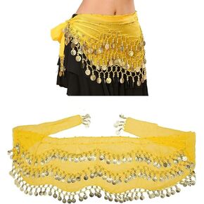 Beetoo Belly Dance Hip Scarf, Belly Dance Skirt Hip Skirt, Hip Scarf Belt Scarves with Dangling Gold Coins for Performance Costume(yellow)
