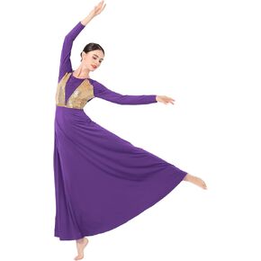 AFAVOM Praise Dance Dress for Women Sequin Gold Long Sleeve Lyrical Dance Dress Shiny Liturgical Worship Dancewear Costume