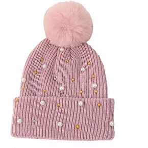 Womens Slouchy Winter Beanie Hat with Fur Ball Pompom Beanie Pearl Beads Fall Hat Warm Thick Knit Skull Ski Cap
