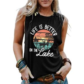 LAZYCHILD The Lake is My Happy Place Shirts Tank Tops Women Sleeveless Summer Graphic Tank Tops Tee Cami