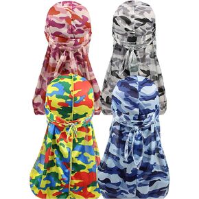 ALIDIA 4 Pieces Extra Long Tail Wide Straps Silky Camouflage Durag for Men 360 Waves