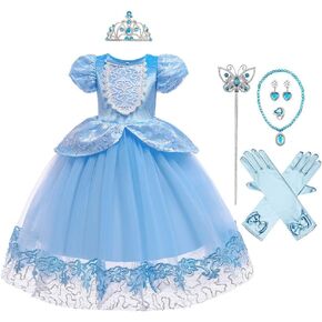 Girls Cinderella Princess Birthday Dress Halloween Costume Pageant Christmas Party Ball Gown w/Accessories Set