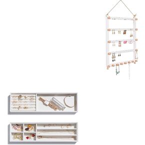 Lolalet Hanging Jewelry Organizer Bundle with 2 Set Slim Velvet Ring Tray for Jewelry