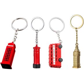 TOYANDONA 4pcs Ssouvenir Keychain, London Keychains Souvenir Key Rings for Gifts (Decker Bus, Big Ben, Telephone Booth, Mail Box)