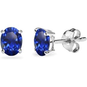 Sterling Silver Created Blue Sapphire Oval-Cut Solitaire Stud Earrings for Women Teens & Girls