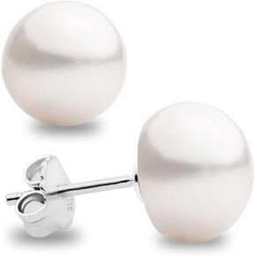 Women and Girls Pearl Stud Earrings. Fresh Water Cultured Pearls Button Shape Secret & You | 925 Sterling Silver Mounts | Available in 10 sizes from 4 mm to 13 mm