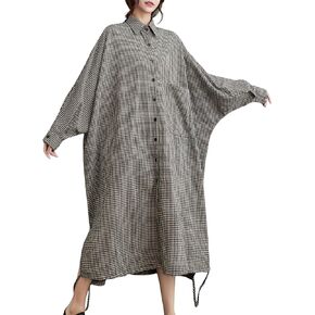 ellazhu Women's Casual Long Sleeve Button Down Loose Plaid Cotton Bat Sleeve Maxi Shirt Dress GA2710 A