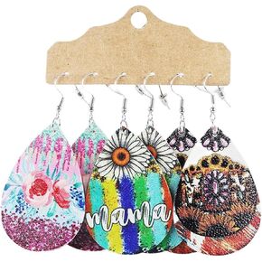 Faux Leather Dangle Earrings for Women Lightweight Print Floral Sunflower Cow Striped Dangle Earrings Set Mother's Day MAMA Letter Leather Teardrop Earrings for Women Girls Gifts Jewelry