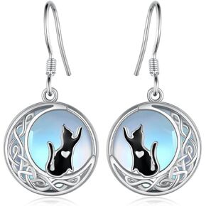 SVODEA Black Cat Earrings 925 Sterling Silver Moonstone Cat Dangle Earrings Cute Animals Cat Jewelry Gifts for Women Girls Cat Lover