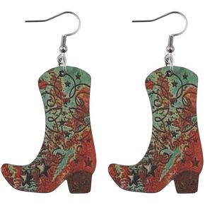 Wooden Cowgirl Dangle Earrings Western Cowboy Cowgirl Hats Wooden Boots Drop Earrings for Women Girls Western Cowgirl Boots Hat Earrings Halloween Earrings Western Country Party Jewelry Gifts