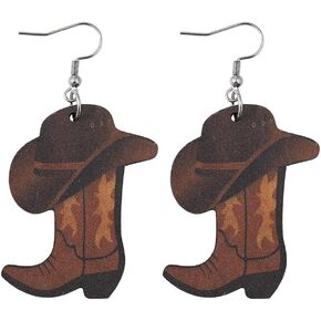 Wooden Cowgirl Dangle Earrings Western Cowboy Cowgirl Hats Wooden Boots Drop Earrings for Women Girls Western Cowgirl Boots Hat Earrings Halloween Earrings Western Country Party Jewelry Gifts