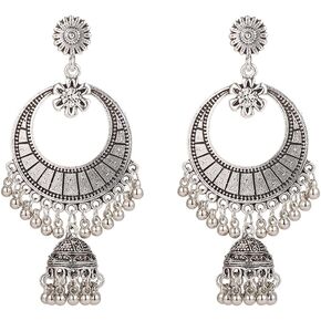 Vintage Tassel Jhumka Earring Traditional Bohemian Flower Bell Drop Dangling Earrings Retro Ethnic Gypsy Bollywood Jhumki Oxidized Jewelry Boho Wedding Birthday Christmas Gift for Women Girls