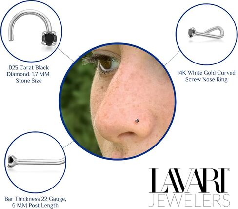 Lavari Jewelers 0.01 to 0.07 Carat Black Diamond Curved Screw Nose Ring for Women in 14k White or Yellow Gold 22 Gauge Nose Ring in Kuwait