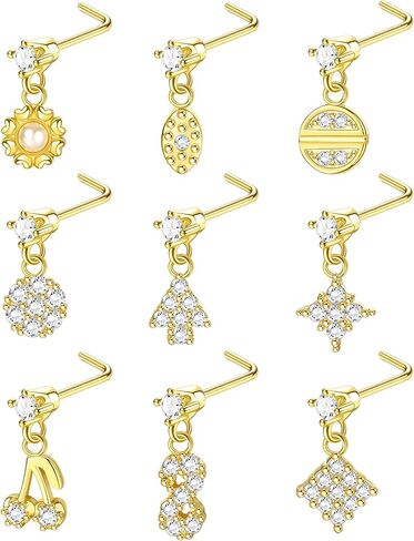 JeryWe 9 قطع 20 جرام من حلقات الأنف الجراحية المصنوعة من الفولاذ المقاوم للصدأ للنساء والرجال المتدلية على شكل قلب فراشة تشيكوسلوفاكيا حلقات الأنف مسمار على شكل حرف L مجوهرات ثقب الأنف in Kuwait