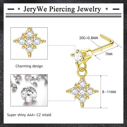 JeryWe 9 قطع 20 جرام من حلقات الأنف الجراحية المصنوعة من الفولاذ المقاوم للصدأ للنساء والرجال المتدلية على شكل قلب فراشة تشيكوسلوفاكيا حلقات الأنف مسمار على شكل حرف L مجوهرات ثقب الأنف in Kuwait