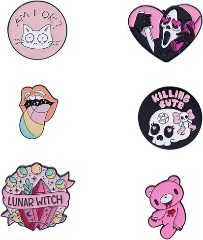 روفارس مجموعة دبابيس بلون بينك مع دبابيس زينة مطلية بالمينا من الكريستال بتصميم دب تيدي وجمجمة وساحرات قمرية، اكسسوارات لشنط الظهر والشارات والقبعات والحقائب والحبل والزنك والمينا، 6 قطع, الزنك, مينا in Kuwait