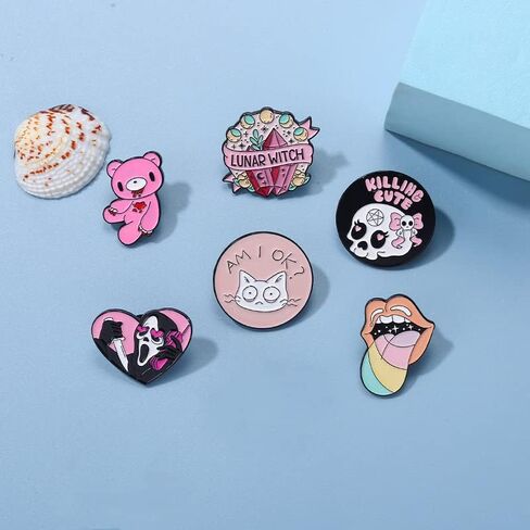 روفارس مجموعة دبابيس بلون بينك مع دبابيس زينة مطلية بالمينا من الكريستال بتصميم دب تيدي وجمجمة وساحرات قمرية، اكسسوارات لشنط الظهر والشارات والقبعات والحقائب والحبل والزنك والمينا، 6 قطع, الزنك, مينا in Kuwait