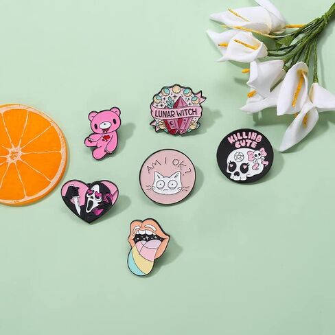 روفارس مجموعة دبابيس بلون بينك مع دبابيس زينة مطلية بالمينا من الكريستال بتصميم دب تيدي وجمجمة وساحرات قمرية، اكسسوارات لشنط الظهر والشارات والقبعات والحقائب والحبل والزنك والمينا، 6 قطع, الزنك, مينا in Kuwait