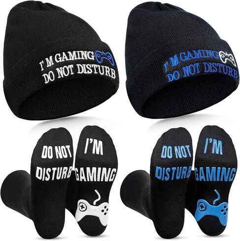 4 Pieces I'm Gaming Socks Beanie Hats, Included 2 Pairs Novelty Gamer Socks Warm Casual Crew Socks and 2 Pieces Knit Hat Black Skull Cap for Women Men in Saudi Arabia