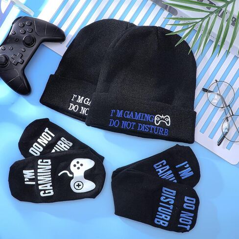 4 Pieces I'm Gaming Socks Beanie Hats, Included 2 Pairs Novelty Gamer Socks Warm Casual Crew Socks and 2 Pieces Knit Hat Black Skull Cap for Women Men in Saudi Arabia