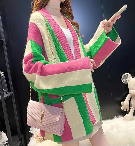 ebossy Women's Boho Long Sleeve Striped Knit Cardigan Sweater Loose Fit Button Color Block Slouchy Sweaters in Saudi Arabia