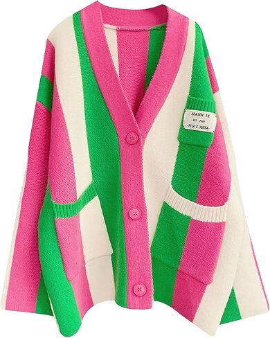 ebossy Women's Boho Long Sleeve Striped Knit Cardigan Sweater Loose Fit Button Color Block Slouchy Sweaters in Saudi Arabia