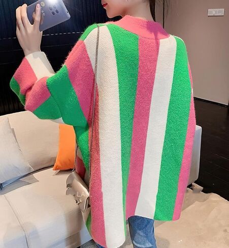 ebossy Women's Boho Long Sleeve Striped Knit Cardigan Sweater Loose Fit Button Color Block Slouchy Sweaters in Saudi Arabia