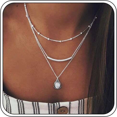 بوهو القلائد للنساء العصرية، لذيذ الفضة عملة قلادة المختنق الطبقات بيان مكدسة قلادة مجموعة للهدايا الفتيات في سن المراهقة المجوهرات in Kuwait