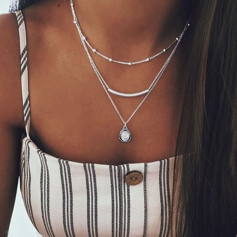 بوهو القلائد للنساء العصرية، لذيذ الفضة عملة قلادة المختنق الطبقات بيان مكدسة قلادة مجموعة للهدايا الفتيات في سن المراهقة المجوهرات in Kuwait