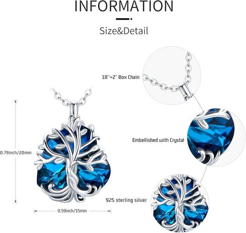 تشينجهونج قلادة شجرة الحياة من الفضة الاسترلينية عيار 925 بدلاية على شكل قلب كريستال للنساء والبنات، مجوهرات شجرة هدايا للزوجة والام والاخت وعيد الام, فضة استرلينية, إعداد مسطح in Kuwait