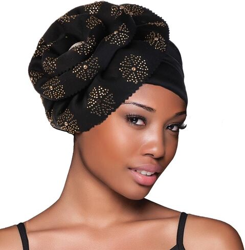 Yeilhile Bohemian Big Flower Head Wrap for Women Pre-Tied Crystal Turban Beanie Caps Black Floral Elastic Headwraps Party Prom in Kuwait