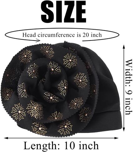 Yeilhile Bohemian Big Flower Head Wrap for Women Pre-Tied Crystal Turban Beanie Caps Black Floral Elastic Headwraps Party Prom in Kuwait