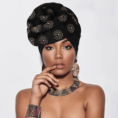 Yeilhile Bohemian Big Flower Head Wrap for Women Pre-Tied Crystal Turban Beanie Caps Black Floral Elastic Headwraps Party Prom in Kuwait