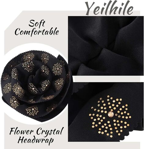 Yeilhile Bohemian Big Flower Head Wrap for Women Pre-Tied Crystal Turban Beanie Caps Black Floral Elastic Headwraps Party Prom in Kuwait
