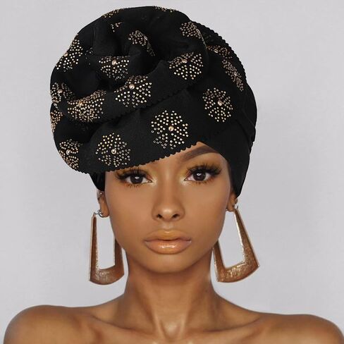 Yeilhile Bohemian Big Flower Head Wrap for Women Pre-Tied Crystal Turban Beanie Caps Black Floral Elastic Headwraps Party Prom in Kuwait