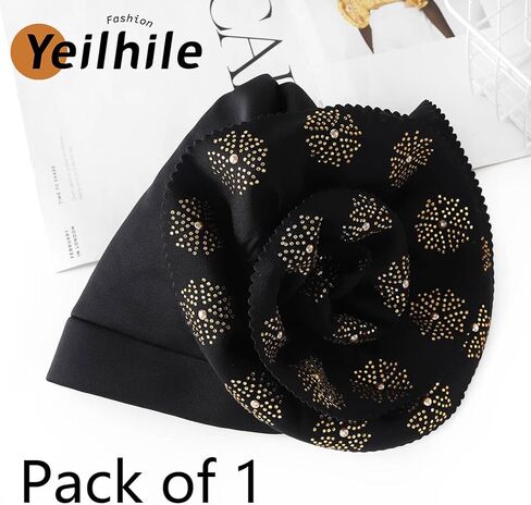 Yeilhile Bohemian Big Flower Head Wrap for Women Pre-Tied Crystal Turban Beanie Caps Black Floral Elastic Headwraps Party Prom in Kuwait