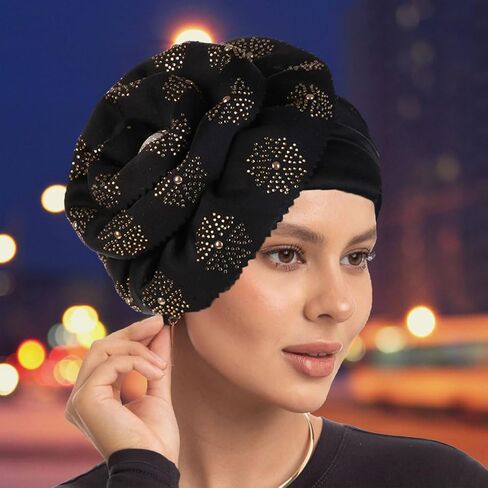 Yeilhile Bohemian Big Flower Head Wrap for Women Pre-Tied Crystal Turban Beanie Caps Black Floral Elastic Headwraps Party Prom in Kuwait