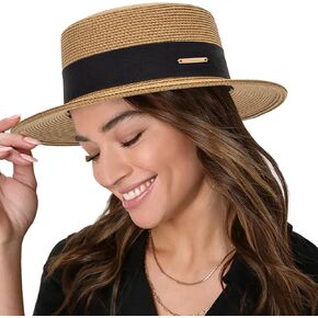 Summer Beach Boater Sun Hat for Women Flat Straw Fedora Hat