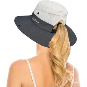 Womens Summer Quick-Dry-Sun-Hat Outdoor - Mesh Wide Brim UV-Protection Beach Fishing Hat with Ponytail Hole Foldable