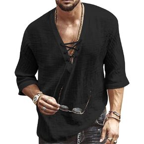 Men's Cotton Linen Henley Shirts V-Neck Lace-Up Medieval Beach Hippie Short Sleeve Shirt