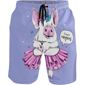 visesunny Cute Pig Unicorn Print Men's Beach Shorts Swim Trunks Sports Bathing Suits