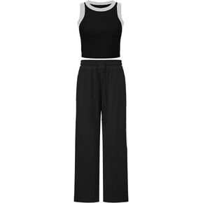 FUPHINE Women's 2 Piece Sets Summer Outfits Ribbed Knit Tank Tops & Wide Leg Pants Color Block Lounge Set with Pocket