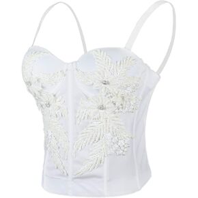 ELLACCI Women's Pearls Beaded Long Bustier Crop Top Embroidery Lace Corset Top Bodysuit White