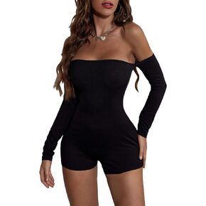 WDIRARA Women's Off the Shoulder Long Sleeve Ribbed Knit Romper Casual Shorts
