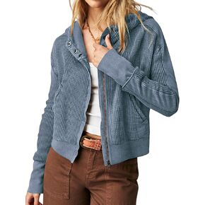 Yimoon Women's Waffle Knit Jacket Oversized Zip Up Hoodies Casual Long Sleeve Shacket Tops with Pocket